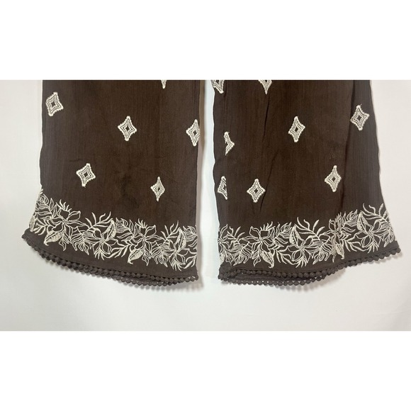 SUNDANCE Women MEDIUM Brown Embroidered Le Meridien Wide Leg Palazzo Crop Pants - Picture 2 of 12